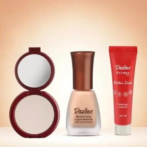 Dazller Face Essentials – (Cream, 8016), Moisturizing Liquid Makeup, 12mL + Classique Compact Powder, 9g + Pristine Finish Primer, 10g – Lightweight, Long Stay, No-makeup Look