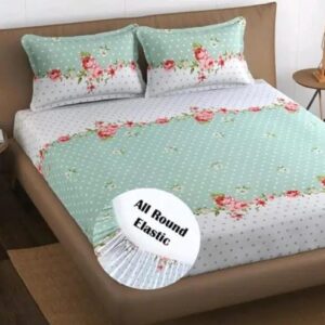 Fitted (Elastic) Cotton Double Bedsheet With 2 Pillow Covers