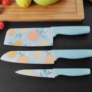 Knife Set for Kitchen l Professional 3 Pieces High Carbon Stainless Steel Printed Coated Chef Knife I Utility Knife I Sontuku Knife I Kitchen Knives with Ergonomic Handle (Blue)