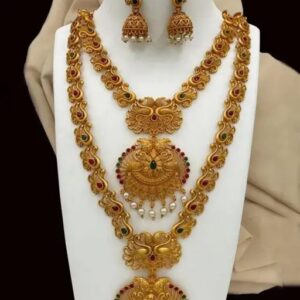 South Indian Bridal Double Necklace With Earring Jewellery Set For Indian Bride