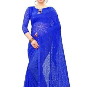 Brasso Net Aqua Blue Beads & Stones Saree With Blouse