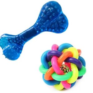 Pet Dog Bouncy Rubber Balls Chew Toys with Bell for Puppies + Rubber Bone for Dogs Accessories pet Toys Dog teether Toy for Small and Medium Dogs Puppies – Color May Vary