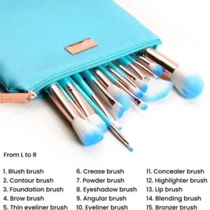 Professional Makeup Brush Applicator Set of 15pcs with Premium Leather Pouch (Blue Colour)