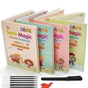 Sank Magic Practice Copybook, (4 Book + 10 Refill) Number Tracing Book for Preschoolers with Pen, Magic Calligraphy Copybook Set Practical Reusable Writing Tool Simple Hand Lettering Spiral-bound