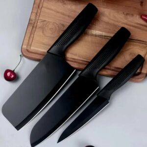Stainless Steel 3 Pieces Professional Kitchen Knife Set, Meat Knife, Chef’s Knife with Non-Slip Handle Sharp Manual Sharpening for Home Kitchen and Restaurant (2) – Black