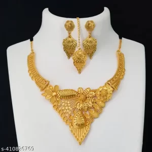 Gold Plated Long Chain Necklace Earrings Jhumka Ethnic Set For Women