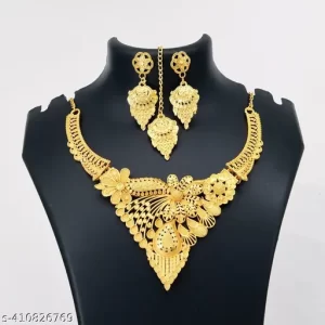 Gold Plated Long Chain Necklace Earrings Jhumka Ethnic Set For Women