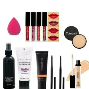Makeup Combo of Professional Compact,Fixer, Primer, Foundation, Makeup Blender,2Pcs Kajal, Concealer & Matte Mini Red Edition Waterproof & Smudgeproof Lipsticks (Pack Of 9Pcs)