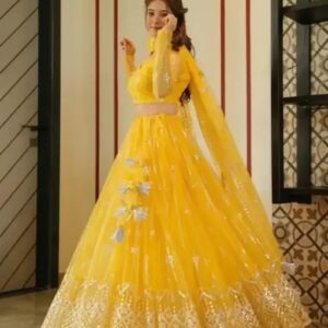 YELLOW WEDDING PARTY FUNCTION FESTIVEL TRADINTIONAL NET EMBROIDERY LEHENGA CHOLI