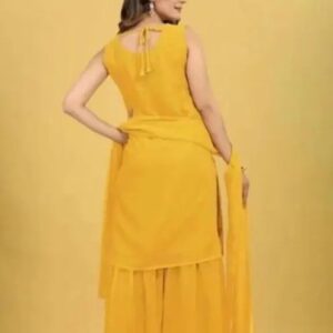 Women Faux Georgette With Embrodery Seqance Work Kurta With Sharara And Dupatta Stiched