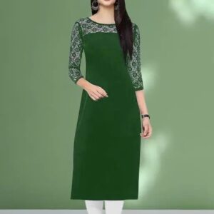 Casual American Crepe And Net Round-Neck 3/4 Length Sleeve Red Kurti (45″Inches)