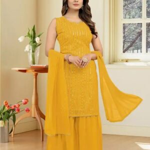 Women Faux Georgette With Embrodery Seqance Work Kurta With Sharara And Dupatta Stiched