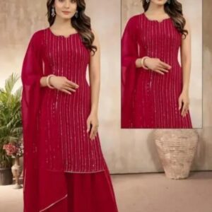 Women Faux Georgette With Embrodery Seqance Work Kurta With Sharara And Dupatta Stiched
