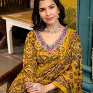 Women Latest Design Floral Printed 3/4 Sleeve Mustard ColorKurta With Pant And Dupatta
