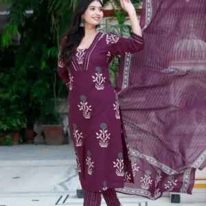 woman wine kurta pant duapatta set