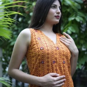 Women Rayon Printed Mirror Work Kurta Pant Set