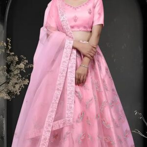 Stylish Pink Embroidered Net Lehenga Choli | 2.5 Meter Dupatta & Semi-Stitched Blouse |