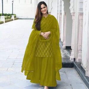 Women’s Beautiful Traditional Rayon Printed Kurta Sharara And Net Dupatta Set