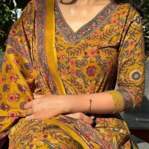 Women Latest Design Floral Printed 3/4 Sleeve Mustard ColorKurta With Pant And Dupatta