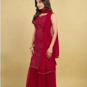 Women Faux Georgette With Embrodery Seqance Work Kurta With Sharara And Dupatta Stiched
