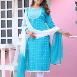WOMAN FASHION WHITE EMROIDERY NECK SUIT PC PRINTED HAND BLOCK