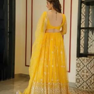 YELLOW WEDDING PARTY FUNCTION FESTIVEL TRADINTIONAL NET EMBROIDERY LEHENGA CHOLI