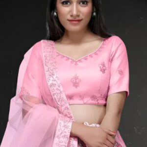 Stylish Pink Embroidered Net Lehenga Choli | 2.5 Meter Dupatta & Semi-Stitched Blouse |