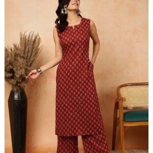 Women Floral Printed Pure Cotton Straight Kurta with Palazzos (Maroon)
