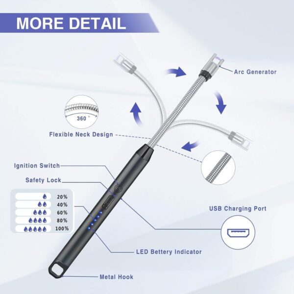 Gas Lighter for Kitchen Use | C-Type Rechargeable Electric Lighter Stove & Candle Lighter with USB Charging Port - Image 8