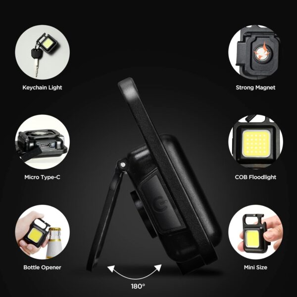 LED Mini Cob Keychain and Magentic Flashlight Portable USB Rechargeable Light 3 Light Modes with Folding Bracket,for Walking - Image 3